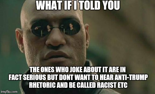 Matrix Morpheus Meme | WHAT IF I TOLD YOU THE ONES WHO JOKE ABOUT IT ARE IN FACT SERIOUS BUT DONT WANT TO HEAR ANTI-TRUMP RHETORIC AND BE CALLED RACIST ETC | image tagged in memes,matrix morpheus | made w/ Imgflip meme maker