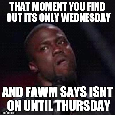 Kevin Hart Mad | THAT MOMENT YOU FIND OUT ITS ONLY WEDNESDAY; AND FAWM SAYS ISNT ON UNTIL THURSDAY | image tagged in kevin hart mad | made w/ Imgflip meme maker