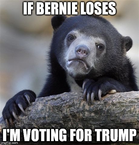 Confession Bear | IF BERNIE LOSES; I'M VOTING FOR TRUMP | image tagged in memes,confession bear,AdviceAnimals | made w/ Imgflip meme maker