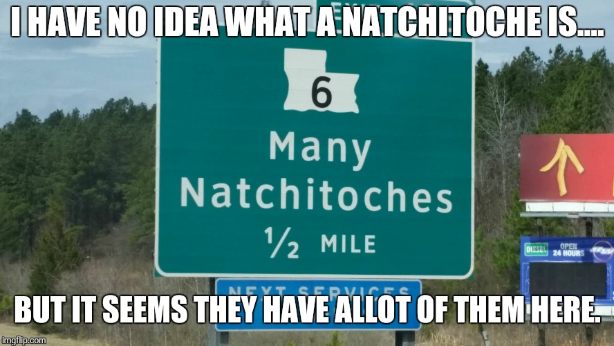 WHAT'S A NATCHITOCHE? | I HAVE NO IDEA WHAT A NATCHITOCHE IS.... BUT IT SEEMS THEY HAVE ALLOT OF THEM HERE. | image tagged in what's a nachitoches,funny street signs,memes,funny memes | made w/ Imgflip meme maker