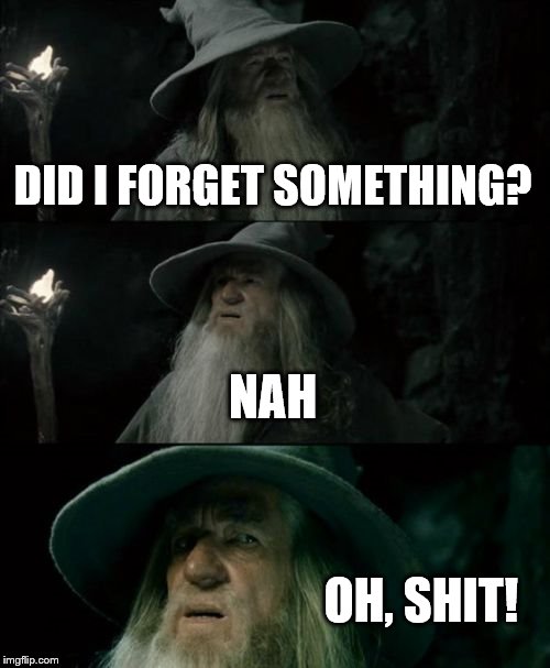 Confused Gandalf Meme | DID I FORGET SOMETHING? NAH; OH, SHIT! | image tagged in memes,confused gandalf | made w/ Imgflip meme maker