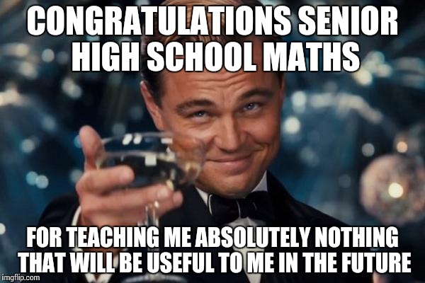 Leonardo Dicaprio Cheers Meme | CONGRATULATIONS SENIOR HIGH SCHOOL MATHS; FOR TEACHING ME ABSOLUTELY NOTHING THAT WILL BE USEFUL TO ME IN THE FUTURE | image tagged in memes,leonardo dicaprio cheers | made w/ Imgflip meme maker