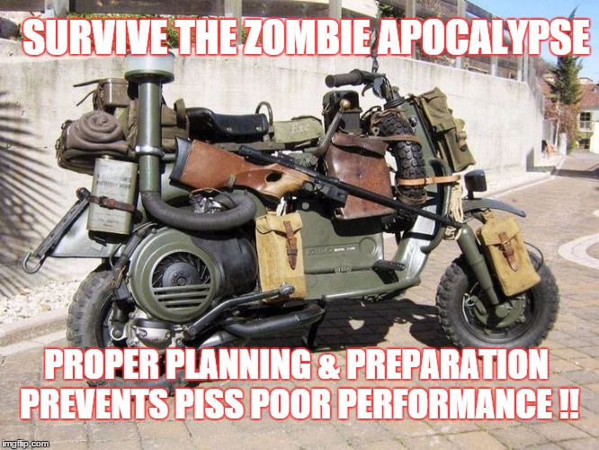 Planning | SURVIVE THE ZOMBIE APOCALYPSE; PROPER PLANNING & PREPARATION PREVENTS PISS POOR PERFORMANCE !! | image tagged in survival | made w/ Imgflip meme maker
