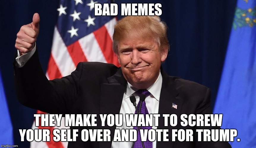 Donald Trump For President | BAD MEMES; THEY MAKE YOU WANT TO SCREW YOUR SELF OVER AND VOTE FOR TRUMP. | image tagged in trump | made w/ Imgflip meme maker