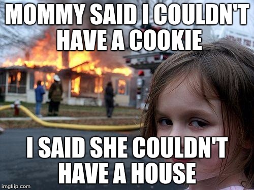 Disaster Girl Meme | MOMMY SAID I COULDN'T HAVE A COOKIE; I SAID SHE COULDN'T HAVE A HOUSE | image tagged in memes,disaster girl | made w/ Imgflip meme maker