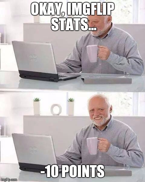 Hide the Pain Harold | OKAY, IMGFLIP STATS... -10 POINTS | image tagged in memes,hide the pain harold | made w/ Imgflip meme maker