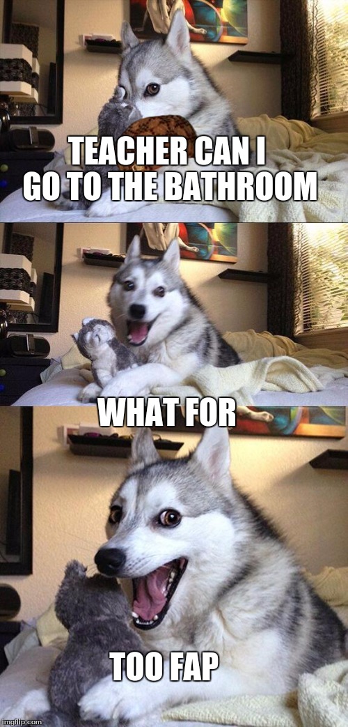 Bad Pun Dog Meme | TEACHER CAN I GO TO THE BATHROOM; WHAT FOR; TOO FAP | image tagged in memes,bad pun dog,scumbag | made w/ Imgflip meme maker
