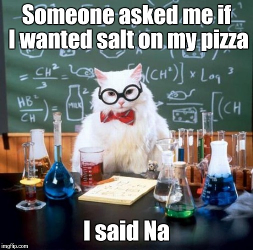 Chemistry Cat Meme | Someone asked me if I wanted salt on my pizza; I said Na | image tagged in memes,chemistry cat | made w/ Imgflip meme maker