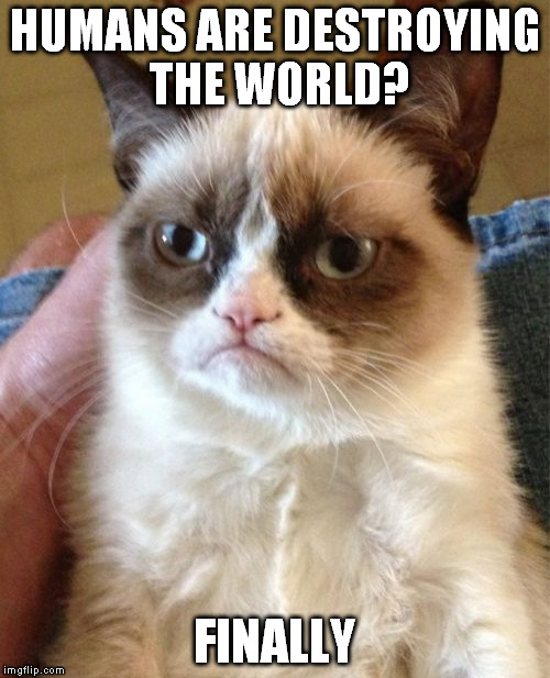 Grumpy Cat | HUMANS ARE DESTROYING THE WORLD? FINALLY | image tagged in memes,grumpy cat | made w/ Imgflip meme maker