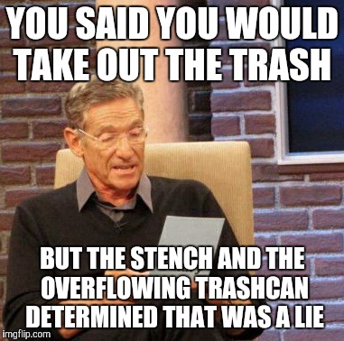 Our House | YOU SAID YOU WOULD TAKE OUT THE TRASH; BUT THE STENCH AND THE OVERFLOWING TRASHCAN DETERMINED THAT WAS A LIE | image tagged in memes,maury lie detector | made w/ Imgflip meme maker
