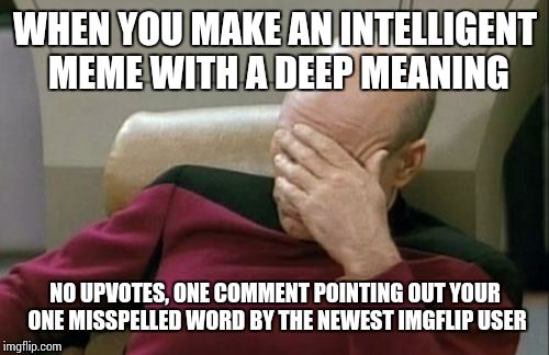 Captain Picard Facepalm Meme | WHEN YOU MAKE AN INTELLIGENT MEME WITH A DEEP MEANING; NO UPVOTES, ONE COMMENT POINTING OUT YOUR ONE MISSPELLED WORD BY THE NEWEST IMGFLIP USER | image tagged in memes,captain picard facepalm | made w/ Imgflip meme maker