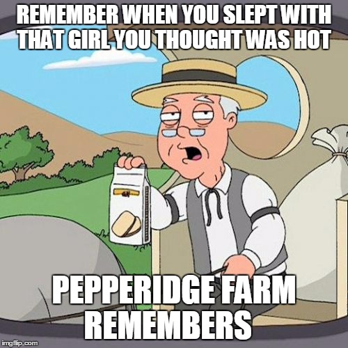 Pepperidge Farm Remembers | REMEMBER WHEN YOU SLEPT WITH THAT GIRL YOU THOUGHT WAS HOT; PEPPERIDGE FARM REMEMBERS | image tagged in memes,pepperidge farm remembers | made w/ Imgflip meme maker