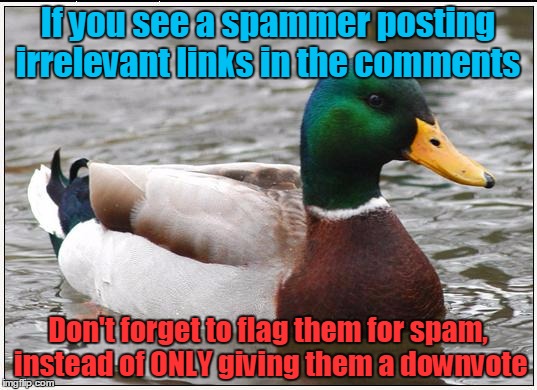 Some helpful advice, in case you run into a spammer in the comments | If you see a spammer posting irrelevant links in the comments; Don't forget to flag them for spam, instead of ONLY giving them a downvote | image tagged in memes,actual advice mallard | made w/ Imgflip meme maker