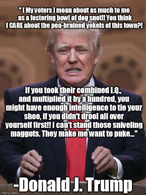 If Donald Trump owned a UHF station... | " [ My voters ] mean about as much to me as a festering bowl of dog snot!! You think I CARE about the pea-brained yokels of this town?! If you took their combined I.Q., and multiplied it by a hundred, you might have enough intelligence to tie your shoe, if you didn't drool all over yourself first!! I can't stand those sniveling maggots. They make me want to puke..."; -Donald J. Trump | image tagged in donald trump,uhf,funny,cruz | made w/ Imgflip meme maker