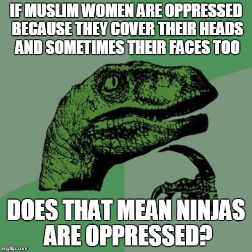 Going By Their Logic | IF MUSLIM WOMEN ARE OPPRESSED BECAUSE THEY COVER THEIR HEADS AND SOMETIMES THEIR FACES TOO; DOES THAT MEAN NINJAS ARE OPPRESSED? | image tagged in memes,philosoraptor,muslim,woman,oppression,ninjas | made w/ Imgflip meme maker