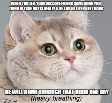 Heavy Breathing Cat | WHEN YOU TELL YOUR MASSIVE FRIEND SOMETHING YOU THINK IS TRUE BUT IS REALLY A LIE AND HE LIVES NEXT DOOR; HE WILL COME THROUGH THAT DOOR ONE DAY | image tagged in memes,heavy breathing cat | made w/ Imgflip meme maker