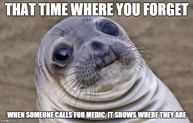 THAT TIME WHERE YOU FORGET WHEN SOMEONE CALLS FOR MEDIC, IT SHOWS WHERE THEY ARE | image tagged in memes,awkward moment sealion | made w/ Imgflip meme maker