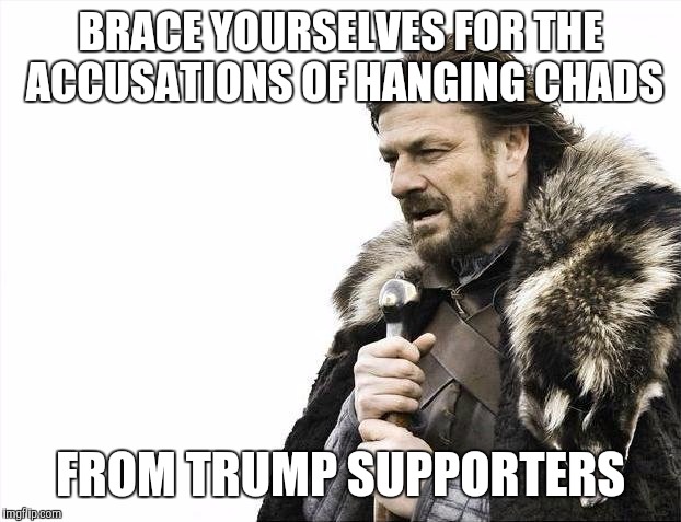 Brace Yourselves X is Coming Meme | BRACE YOURSELVES FOR THE ACCUSATIONS OF HANGING CHADS; FROM TRUMP SUPPORTERS | image tagged in memes,brace yourselves x is coming | made w/ Imgflip meme maker