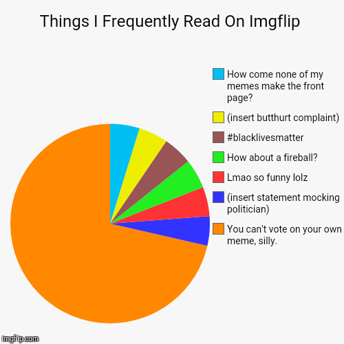 Things I Frequently Read On Imgflip | You can't vote on your own meme, silly., (insert statement mocking politician), Lmao so funny lolz, Ho | image tagged in funny,pie charts,memes,front page,butthurt,hilarious | made w/ Imgflip chart maker