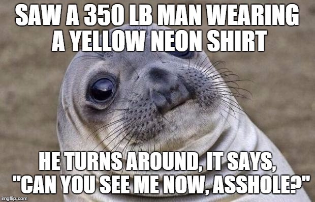 I could have seen this guy a mile away, in the dark, wearing a black shirt.  | SAW A 350 LB MAN WEARING A YELLOW NEON SHIRT; HE TURNS AROUND, IT SAYS,  "CAN YOU SEE ME NOW, ASSHOLE?" | image tagged in memes,awkward moment sealion | made w/ Imgflip meme maker