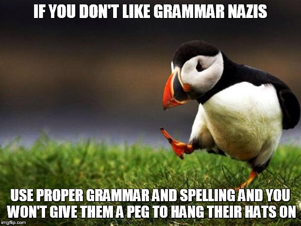 Unpopular Opinion Puffin | IF YOU DON'T LIKE GRAMMAR NAZIS; USE PROPER GRAMMAR AND SPELLING AND YOU WON'T GIVE THEM A PEG TO HANG THEIR HATS ON | image tagged in memes,unpopular opinion puffin | made w/ Imgflip meme maker