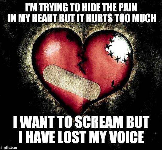 Broken heart |  I'M TRYING TO HIDE THE PAIN IN MY HEART BUT IT HURTS TOO MUCH; I WANT TO SCREAM BUT I HAVE LOST MY VOICE | image tagged in broken heart | made w/ Imgflip meme maker