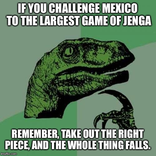 Philosoraptor | IF YOU CHALLENGE MEXICO TO THE LARGEST GAME OF JENGA; REMEMBER, TAKE OUT THE RIGHT PIECE, AND THE WHOLE THING FALLS. | image tagged in memes,philosoraptor | made w/ Imgflip meme maker