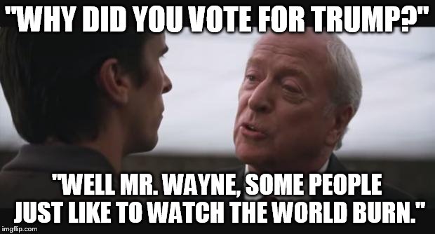 alfred burn  | "WHY DID YOU VOTE FOR TRUMP?"; "WELL MR. WAYNE, SOME PEOPLE JUST LIKE TO WATCH THE WORLD BURN." | image tagged in alfred burn | made w/ Imgflip meme maker