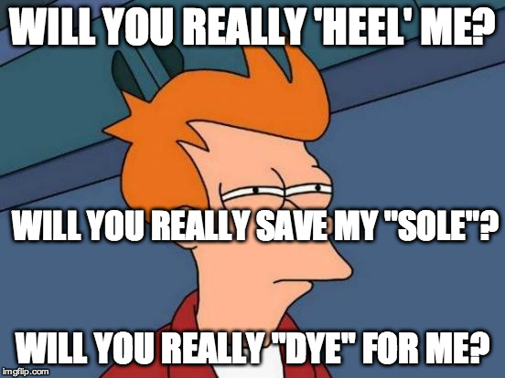 Futurama Fry Meme | WILL YOU REALLY 'HEEL' ME? WILL YOU REALLY "DYE" FOR ME? WILL YOU REALLY SAVE MY "SOLE"? | image tagged in memes,futurama fry | made w/ Imgflip meme maker