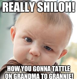 Skeptical Baby Meme | REALLY SHILOH! HOW YOU GONNA TATTLE ON GRANDMA TO GRANNIE! | image tagged in memes,skeptical baby | made w/ Imgflip meme maker