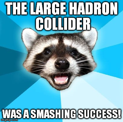Swiss Collider. | THE LARGE HADRON COLLIDER; WAS A SMASHING SUCCESS! | image tagged in joke racoon,large hadron collider,lhc,pun | made w/ Imgflip meme maker