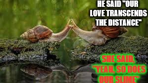 Distance | HE SAID "OUR LOVE TRANSCENDS THE DISTANCE"; SHE SAID, "YEAH, SO DOES OUR SLIME" | image tagged in long distance relationship,romance humor,humor memes | made w/ Imgflip meme maker