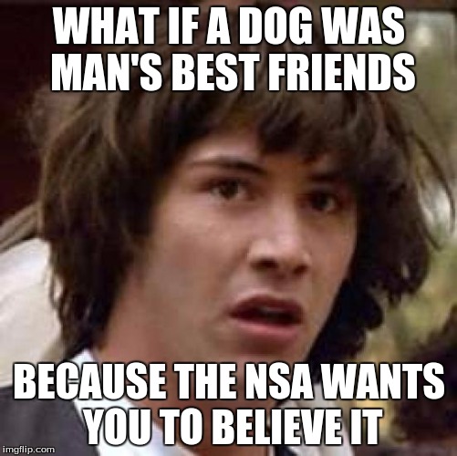 Conspiracy Keanu | WHAT IF A DOG WAS MAN'S BEST FRIENDS; BECAUSE THE NSA WANTS YOU TO BELIEVE IT | image tagged in memes,conspiracy keanu | made w/ Imgflip meme maker