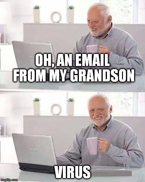 Hide the Pain Harold Meme | OH, AN EMAIL FROM MY GRANDSON; VIRUS | image tagged in memes,hide the pain harold | made w/ Imgflip meme maker