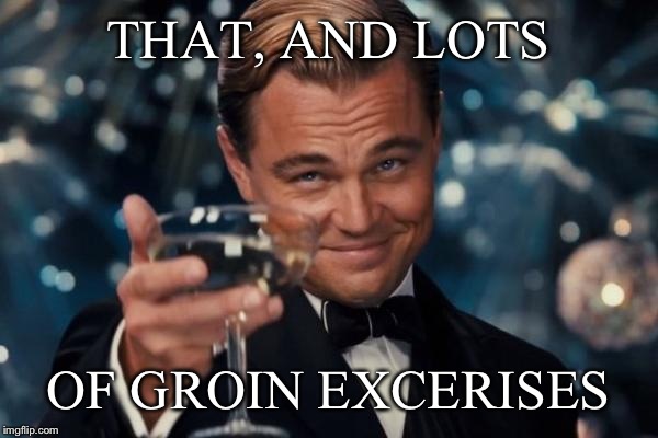 Leonardo Dicaprio Cheers Meme | THAT, AND LOTS OF GROIN EXCERISES | image tagged in memes,leonardo dicaprio cheers | made w/ Imgflip meme maker