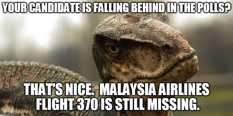 YOUR CANDIDATE IS FALLING BEHIND IN THE POLLS? THAT'S NICE.  MALAYSIA AIRLINES FLIGHT 370 IS STILL MISSING. | image tagged in downersaur | made w/ Imgflip meme maker