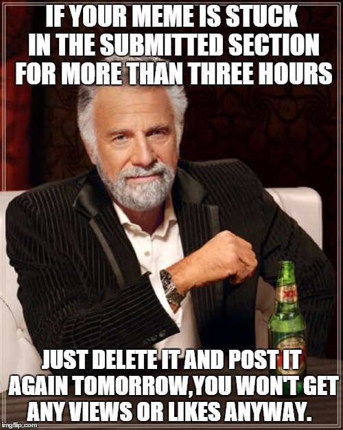 The Most Interesting Man In The World | IF YOUR MEME IS STUCK IN THE SUBMITTED SECTION FOR MORE THAN THREE HOURS; JUST DELETE IT AND POST IT AGAIN TOMORROW,YOU WON'T GET ANY VIEWS OR LIKES ANYWAY. | image tagged in memes,the most interesting man in the world | made w/ Imgflip meme maker