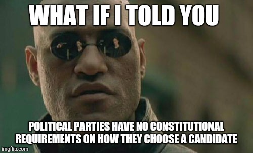 Matrix Morpheus Meme | WHAT IF I TOLD YOU; POLITICAL PARTIES HAVE NO CONSTITUTIONAL REQUIREMENTS ON HOW THEY CHOOSE A CANDIDATE | image tagged in memes,matrix morpheus,AdviceAnimals | made w/ Imgflip meme maker