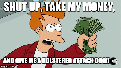 Shut Up And Take My Money Fry | SHUT UP, TAKE MY MONEY, AND GIVE ME A HOLSTERED ATTACK DOG!!😐 | image tagged in memes,shut up and take my money fry | made w/ Imgflip meme maker