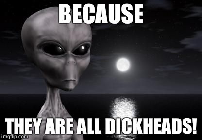Why aliens won't Talk To Us | BECAUSE; THEY ARE ALL DICKHEADS! | image tagged in why aliens won't talk to us | made w/ Imgflip meme maker