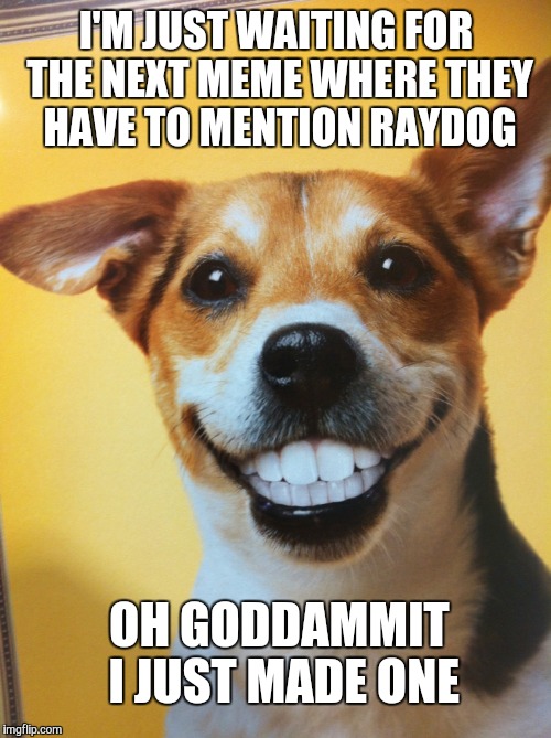I'm actually a fan and this meme is about memes that mention RayDog just for upvotes or the comments | I'M JUST WAITING FOR THE NEXT MEME WHERE THEY HAVE TO MENTION RAYDOG; OH GODDAMMIT I JUST MADE ONE | image tagged in funny,memes,funny memes,raydog,the most interesting dog in the world,bad joke dog | made w/ Imgflip meme maker
