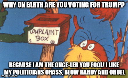 vote for trump | WHY ON EARTH ARE YOU VOTING FOR TRUMP? BECAUSE I AM THE ONCE-LER YOU FOOL! I LIKE MY POLITICIANS CRASS, BLOW HARDY AND CRUEL | image tagged in lorax complaint box,once-ler,fool,vote,trump,cruel | made w/ Imgflip meme maker