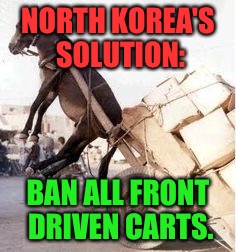 North Korea's Institute of Technology doctorate test - found no solution! | NORTH KOREA'S SOLUTION:; BAN ALL FRONT DRIVEN CARTS. | image tagged in overloaded donkey,north korea,engineering | made w/ Imgflip meme maker