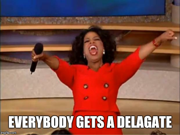 Oprah You Get A Meme | EVERYBODY GETS A DELAGATE | image tagged in memes,oprah you get a | made w/ Imgflip meme maker
