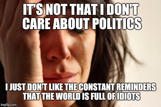 First World Problems Meme | IT'S NOT THAT I DON'T CARE ABOUT POLITICS I JUST DON'T LIKE THE CONSTANT REMINDERS THAT THE WORLD IS FULL OF IDIOTS | image tagged in memes,first world problems | made w/ Imgflip meme maker