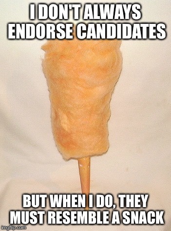 I DON'T ALWAYS ENDORSE CANDIDATES; BUT WHEN I DO, THEY MUST RESEMBLE A SNACK | image tagged in endorsement | made w/ Imgflip meme maker