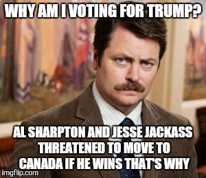Ron Swanson Meme | WHY AM I VOTING FOR TRUMP? AL SHARPTON AND JESSE JACKASS THREATENED TO MOVE TO CANADA IF HE WINS THAT'S WHY | image tagged in memes,ron swanson | made w/ Imgflip meme maker