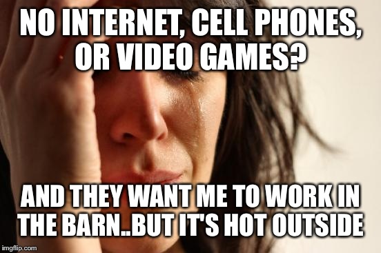 First World Problems Meme | NO INTERNET, CELL PHONES, OR VIDEO GAMES? AND THEY WANT ME TO WORK IN THE BARN..BUT IT'S HOT OUTSIDE | image tagged in memes,first world problems | made w/ Imgflip meme maker