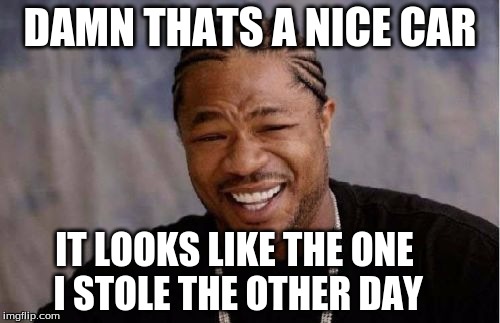 Yo Dawg Heard You | DAMN THATS A NICE CAR; IT LOOKS LIKE THE ONE I STOLE THE OTHER DAY | image tagged in memes,yo dawg heard you | made w/ Imgflip meme maker