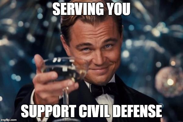 Leonardo Dicaprio Cheers | SERVING YOU; SUPPORT CIVIL DEFENSE | image tagged in memes,leonardo dicaprio cheers | made w/ Imgflip meme maker